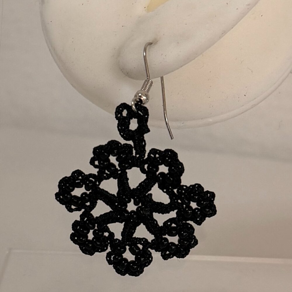 Collectable Traditional Turkish Boncuk Oya Black Snowflake Beaded Earring